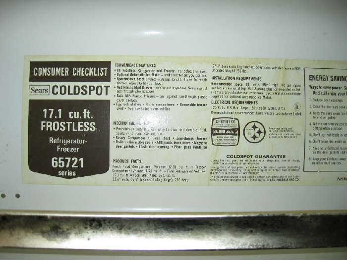 Sears Coldspot frig frostless, brown