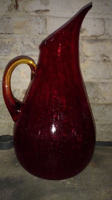 Beautiful red hand blown crackle glass pitcher with amberina handle