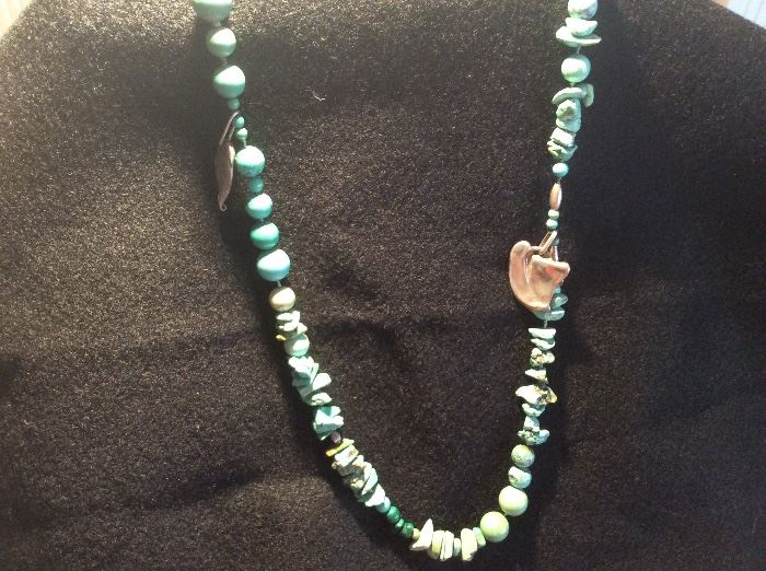 Turquoise beads, stones and sterling leaves 