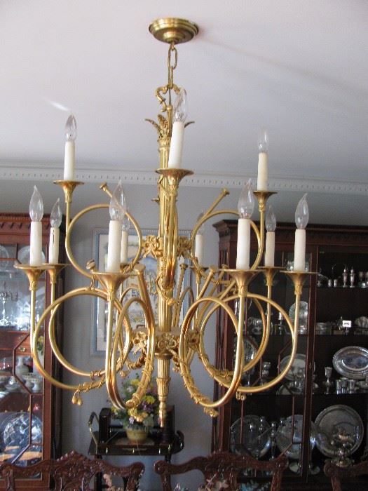 24k over bronze gilded 12 light horn chandelier