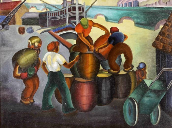WPA era, c. 1935, Black Stevedores on the Mississippi Docks, oil on canvas painting