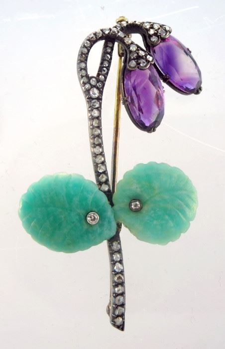 Victorian Floral Pin with Diamonds, Amethyst and  Carved Jade
