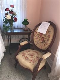 Perfectly preserved needlepoint upholstered armchair (note the coordinating rather than matching pattern) this arm chair was done by one of the Star ." Has Providence "
". family Tea cart & green cut glass lantern.