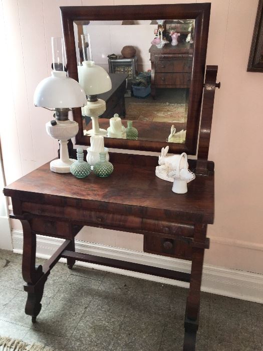 Vanity/desk matches dresser (see reflection in mirror!). Note unusual color of pair of early 20th century green Fenton hobnail glass vases.