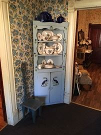 Lovely Handpainted corner cabinet with cobalt blue glassware and English pottery