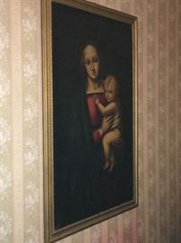 Evocative Madonna and child antique oil paining .