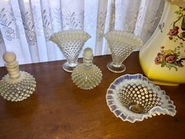 Lovely Fenton hobnail glass vanity pieces, early twentieth century American antiques