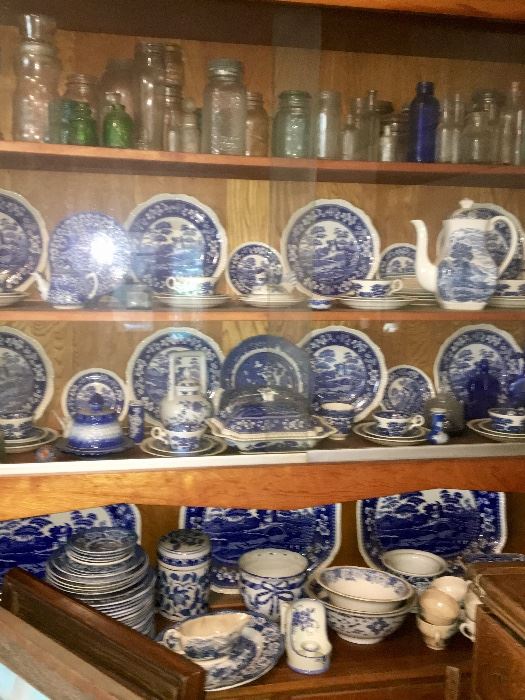 A blue willow  and flow blue lover's dream in this hutch. Absolutely fantastic collection of this English style of chinoiserie -- Here you can start a collection for yourself, or complete one with these special pieces!!