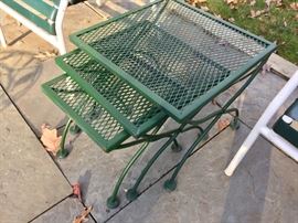 Green Wrought Iron Round Table with 6 Chairs
Green Wrought Iron Tea Cart (30" x 18"x 31")
Green Wrought Iron 3 Stacking End Tables