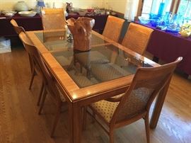 Glass and Oak Dining Room Table with 2 Leaves, Table Pads and 10 Wide Cane Back Chairs from Artifacts by Henredon (69" x 42" x 30")