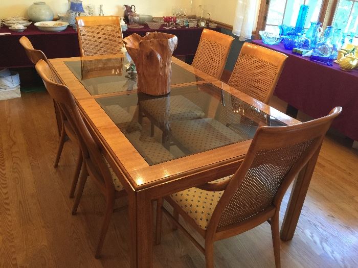Glass and Oak Dining Room Table with 2 Leaves, Table Pads and 10 Wide Cane Back Chairs from Artifacts by Henredon (69" x 42" x 30")
