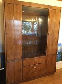 Oak China Closet with Lighted Glass Shelving and Doors and 3 Drawers from Artifacts by Henredon (59" x 15" x 78")