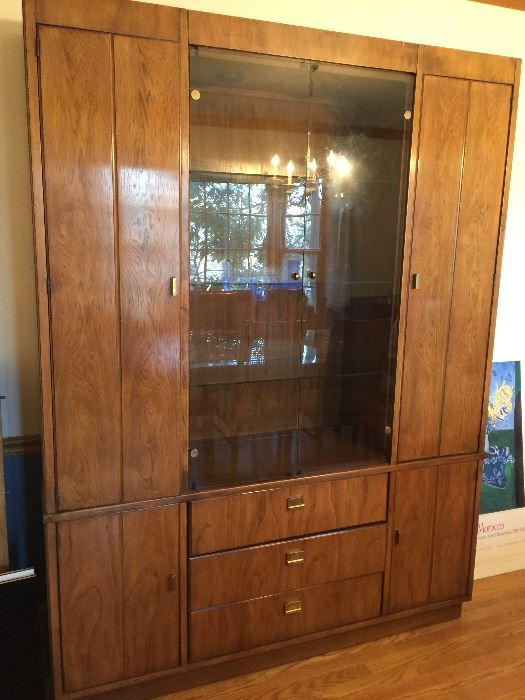 Oak China Closet with Lighted Glass Shelving and Doors and 3 Drawers from Artifacts by Henredon (59" x 15" x 78")