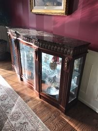 ORNATE HEPPLEWHITE STYLE LIGHTED CURIO/ DISPLAY CABINET WITH GRANITE TOP 72" LONG X 17" WIDE AND 40.5" TALL