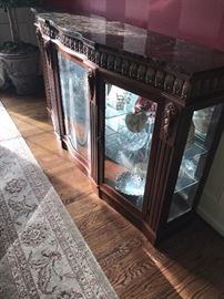 ORNATE HEPPLEWHITE STYLE LIGHTED CURIO/ DISPLAY CABINET WITH GRANITE TOP 72" LONG X 17" WIDE AND 40.5" TALL