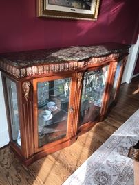 ORNATE HEPPLEWHITE STYLE LIGHTED CURIO/ DISPLAY CABINET WITH GRANITE TOP 72" LONG X 17" WIDE AND 40.5" TALL