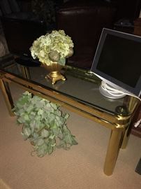 BRUSHED BRASS AND GLASS SOFA TABLE