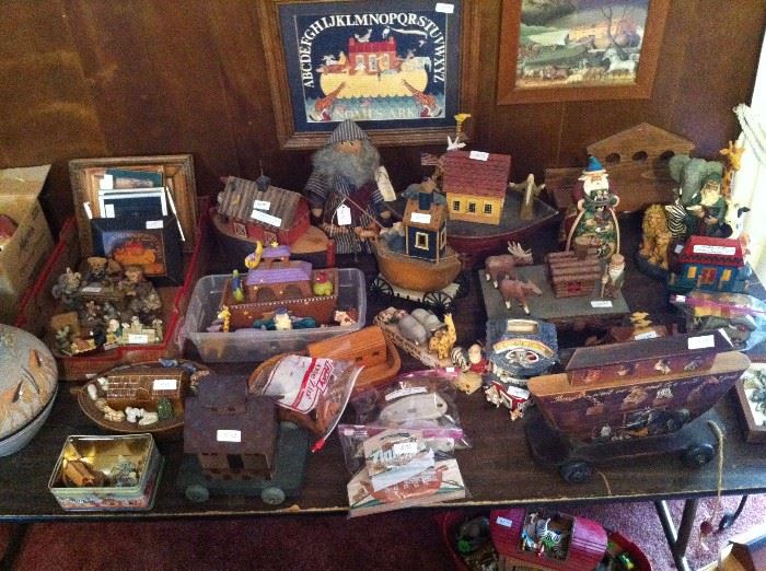 Noah's Ark.  Large collection of hand-carved figures, pewter set, artist signed items.