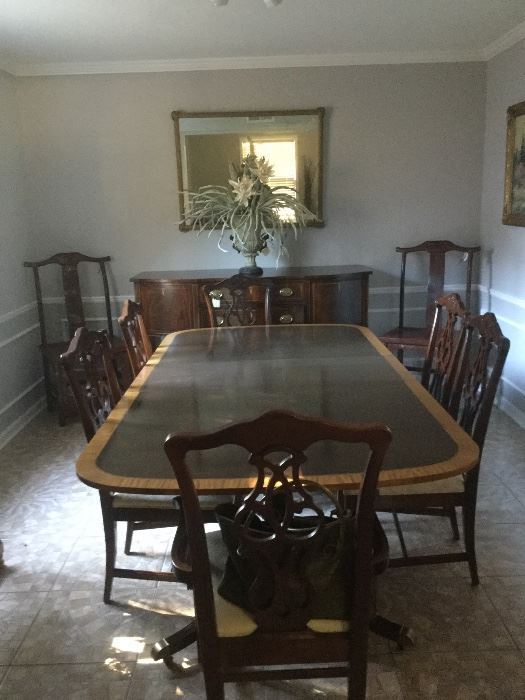 Baker Historic Charleston banded inlaid mahogany Dining table with six new chairs, Sunday price $1200.00