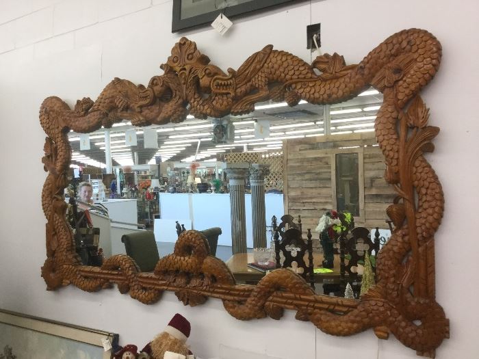 Off Site call for info! Large Asian dragon teak wood mirror 85 1/2" wide X 50 1/2" tall.
