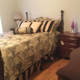 Queen size solid wood bed, Custom made Toile Duvet, dust ruffle, sham, pillows an 2 striped balloon shades.
