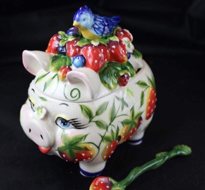 McCall J. Icing on the cake, 5" W x 6" L strawberry piggy and bluebird jam jar with spoon. 