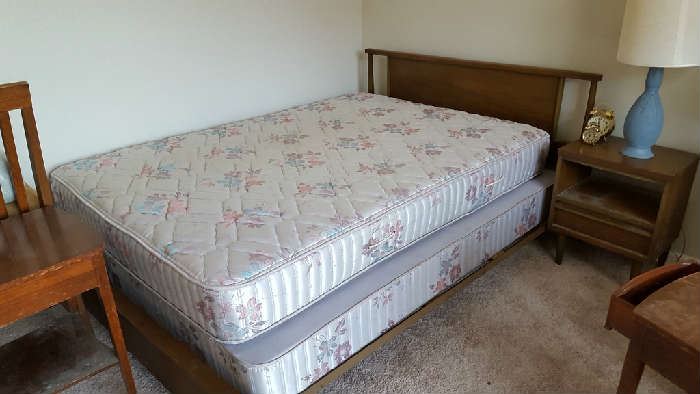 Mid century full size bed. Night stand. Mattress and boxspring sold as is