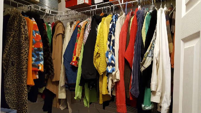 Ladies clothing some with tags. Sizes large and x large also shoes, scarfs, coats, jackets, purses. Some 1980's sweaters.
