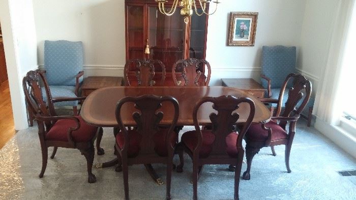 Drexel Travis Court 51″ Bow Front China Cabinet & Ethan Allen 18th Century Mahogany Dining Table with banded parquetry & The feet are capped with solid brass.