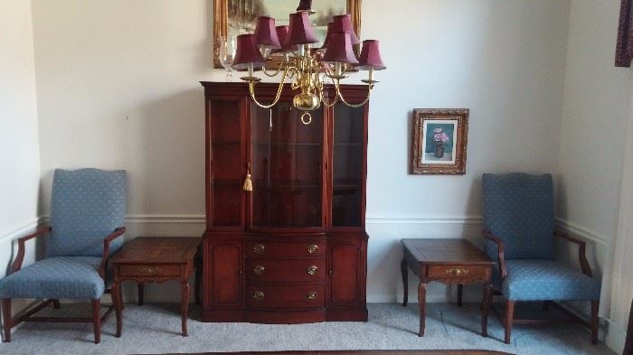 Drexel Travis Court 51″ Bow Front China Cabinet & Ethan Allen 18th Century Mahogany Dining Table with banded parquetry & The feet are capped with solid brass.