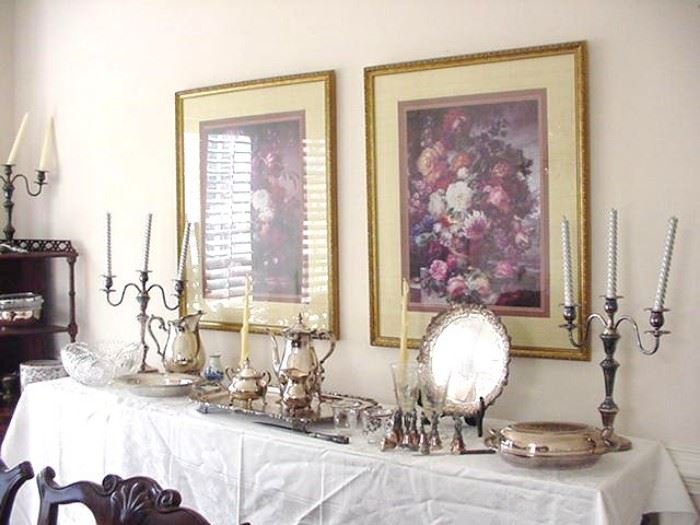 Lots of silverplate--trays, teaset, pitcher, covered vegetable, candelabra, etc.