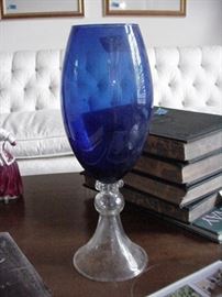 Cobalt vase with clear pedestal base, blown glass