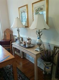 Pair of silver finish lamps; silverplated teaset, console table in pickled pine finish