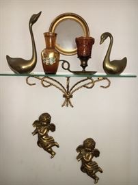 Vintage wall décor, glass and brass shelf, cherubs, brass ducks, etc.