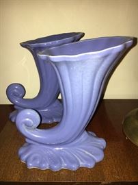 Pair vintage blue horn of plenty vases--no markings on bottom.