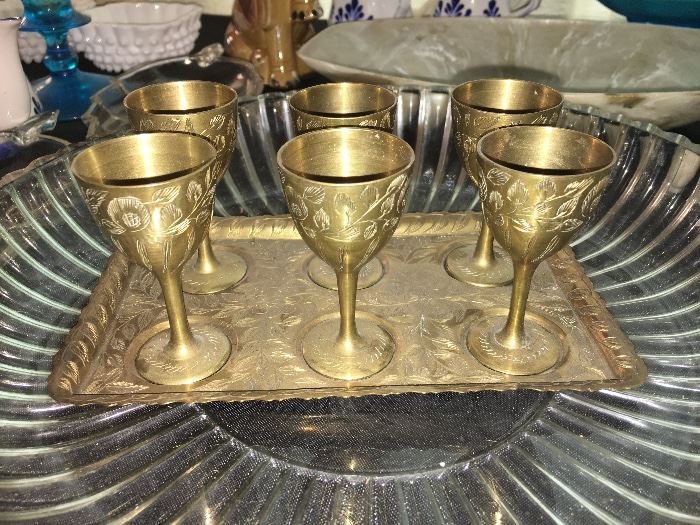 Made in India--brass tray with 6 stemmed cups.