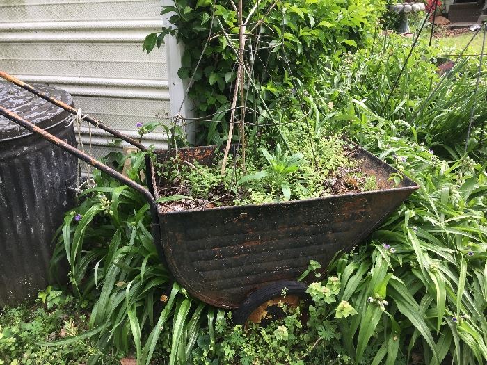 Outdoor items--vintage wheelbarrow used as planter.