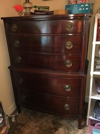 Drexel solid mahogany bedroom group, priced separately--vanity-style dresser with mirror and bench, 5-drawer chest on chest, one night stand, 4-poster full-size bed with mattress and box springs.