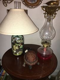 Green fruit jar lamp, vintage oil lamp and turtle lamp.