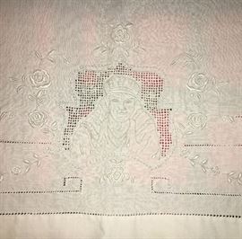 Vintage linen towel with embroidery and cut work depicting Shiek (Rudolph Valentino?).