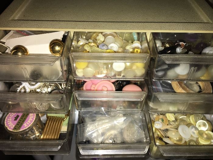 Organizer full of vintage buttons.