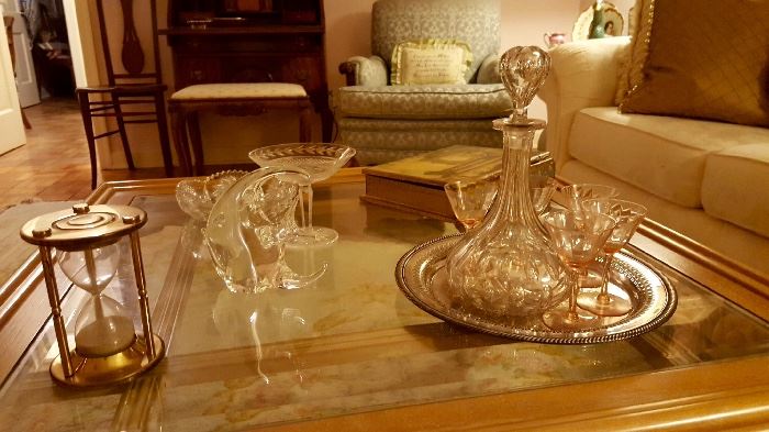Glass top coffee table, vintage glass and crystal accessories