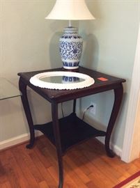 Antique square side table, blue & white lamp 
