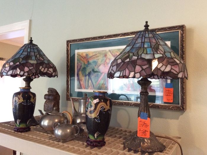 Pair of Tiffany style Lamps, Pair of Cloisonné vases, print signed Barbara Ann Wood 