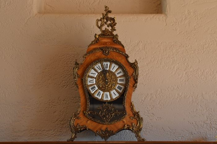 Antique Italian mantle clock with porcelain tile face and gilt ormulu 