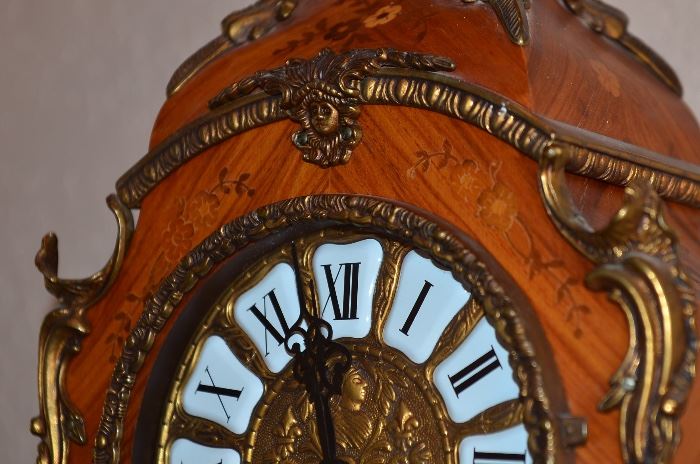 Antique Italian mantle clock with porcelain tile face and gilt ormulu 