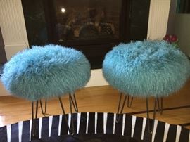 Reminiscent MCM style aqua furry top stools