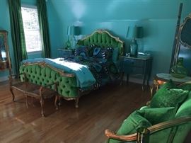 The most stunning bedroom ever. Like EVER! Queen bed from Fabulous & Baroque in Dallas, TX - hand carved, ornate mahogany showpiece covered in rich, emerald green velvet. Absolutely AMAZING!