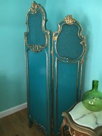 Aqua and gold leaf room divider. You can also see here another French antique Louis XVI marble top side table, this one rectangular.