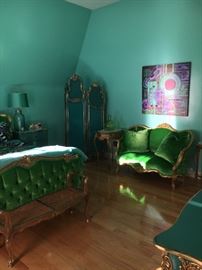 Note the Rococo style carved and giltwood bench at the foot of the bed -- also 19th century. 